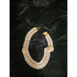 Vintage Gold-Toned Pearl & Rhinestone Choker Necklace With Elegant Layered Desig